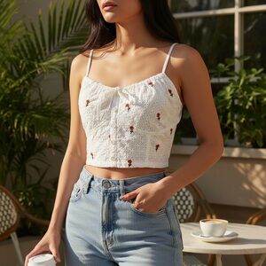 Y2K WHITE EYELET BUSTIER CROP TOP WITH EMBROIDERED RED AND GREEN FLOWERS SIZE XS